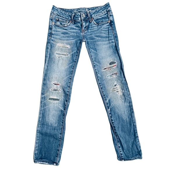 AEO Stretch Medium Wash Distressed Patchwork Blue Skinny Jeans Size 0 - Picture 1 of 7